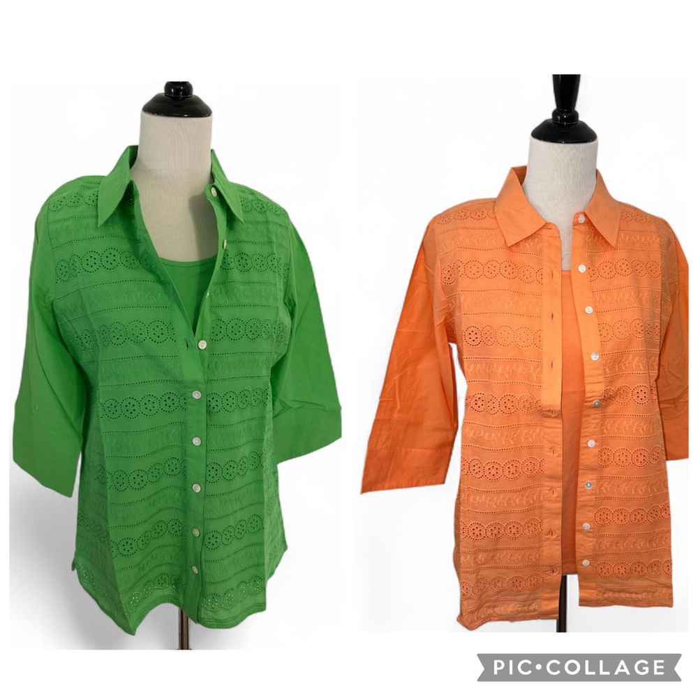 Denim&Co Orange or Green Button Down Shirts W/ Tanks Sz S QVC New 3/4 Sleeve